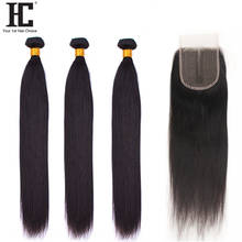 Brazilian Straight Hair 3 Bundles With Closure Human Hair Weave Bundles With Lace Part Closure Non Remy Human Hair Extensions HC 2024 - buy cheap