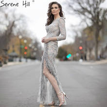 Serene Hill Grey Mermaid Split Luxury Evening Dresses Gowns 2021 Elegant Beadings Feathers Formal Women Party Night BLA70828 2024 - buy cheap