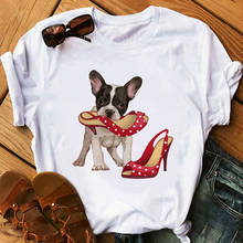 T camisa de verão manga curta t-shirts o-pescoço topos engraçado bonito pug cão dos desenhos animados impresso menina presente francês bulldog tshirt feminino 2024 - compre barato