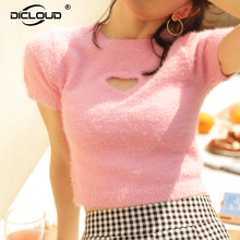 Doce meninas rosa coração oco out t-shirt mulheres verão faux mohair crop tops harajuku moda bonito malha feminina 2024 - compre barato