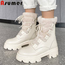 Asumer-sapatos femininos de couro legítimo, calçados de neve, salto quadrado, com cadarço e ponta redonda, quente, inverno 2021 2024 - compre barato