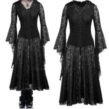 Женское платье в средневековом стиле; Винтажное платье в стиле ренессанс; Черное готическое кружевное платье с капюшоном и длинными рукавами; Вечерние платья средней длины с пряжкой 2024 - купить недорого