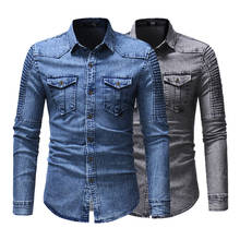 Голубая плиссированная джинсовая рубашка для мужчин на весну/осень, модные брендовые рубашки, мужская хлопковая рубашка высокого качества 2024 - купить недорого