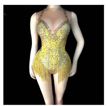 Женский цельный стрейчевый наряд с золотыми кисточками, сексуальное боди с имитацией обнаженного тела Одежда для ночного клуба, наряд для танцев 2024 - купить недорого