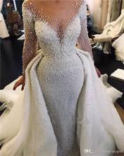 Luxury Full Pearl Beaded Mermaid Wedding Dresses With Detachable Train Vintage Long Sleeves Saudi Arabic Plus Size Bridal Gown 2024 - buy cheap