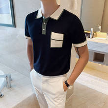 Camisa Masculina Polo Men's Short-sleeved Knitted Polo Shirt Summer Contrast Color Pocket British Slim Lapel Ice Silk Mode Homme 2024 - buy cheap