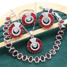 Новое поступление 925 серебро ювелирные наборы для женщин на каждый день красный рубин браслет серьги и ожерелье с кулоном, свадебное кольцо, ювелирное изделие, подарок 2024 - купить недорого