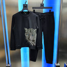 Pulôver de marca de grandes dimensões com moletom de strass vazado e de leopardo, roupa de inverno masculina, conjuntos populares 2024 - compre barato