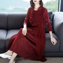 HOT SELLING Miyake fold  o-neck solid dress the long sleeve applique fake two-piece dress dress IN STOCK 2024 - buy cheap