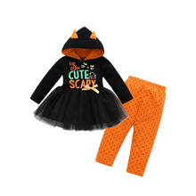 Conjunto de roupas infantis meninas 2019 dia das bruxas roupas fofas de gato assustador vestido de retalhos preto + calças laranja roupas de menina 1-5 anos 2024 - compre barato