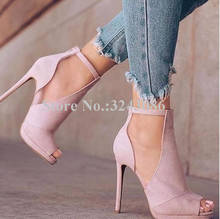 Sapatos de salto stiletto rosa camurça doce sandálias plataforma feminina salto alto cavado dedo fora vestido grande sapatos de banquete 2024 - compre barato