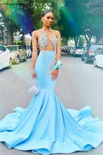 Incredible Sexy Mermaid Prom Dresses For Black Girls Appliques Sheer Top Sky Blue Long Evening Gowns 2024 - buy cheap