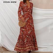 Vestido boho manga longa gola v ajustável, boêmio, feminino, com botões, decote v, manga longa, amarras, estilo boho, festas 2024 - compre barato