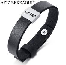 AZIZ BEKKAOUI Black Fashion Engrave Name Bracelet For Men DIY Smooth Leather 21CM Stainless Steel Rubber Bracelets For Man Gift 2024 - buy cheap