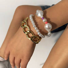Conjunto de pulseras de perlas barrocas para mujer, cadenas gruesas y creativas Vintage, pulsera geométrica multicapa Punk, regalo de joyería 2024 - compra barato
