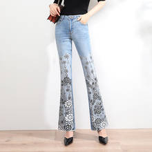 FERZIGE новые роскошные расклешенные брюки с блестками и вышивкой Женские обтягивающие Стрейчевые джинсы женские облегающие брюки с высокой талией синего цвета размера плюс 2024 - купить недорого