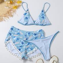 Conjunto de Bikini con estampado Floral para mujer, traje de baño acolchado con realce, Tanga con borlas, ropa de playa Sexy y elegante con pantalones cortos, 3 piezas, 2021 2024 - compra barato