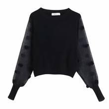 LUJIA ALAN Women Translucent Long Sleeve Splicing Knitted Shirt O Neck Smock Casual Lady Black Blouse Loose Tops S6206 2024 - buy cheap