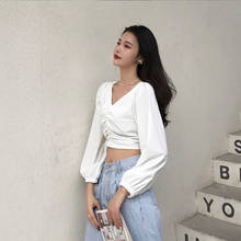 2021 New Design Women Blouse V-Neck Lantern Sleeved Solid Short Slim Sexy High Waist Lady Elegant Pulls Outwear Coat Tops 2024 - buy cheap