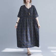 Women Cotton Linen Casual Dresses New Arrival 2021 Summer Vintage Style Plaid Print Loose Female Long Dress S3796 2024 - buy cheap