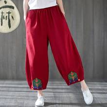 Online Chinese Store-Pantalones chinos para mujer, Pantalón de algodón y lino con cintura elástica, bordado negro, estilo Harem Vintage, 2020 2024 - compra barato