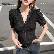Women Hollow Out Lace Blouses 2022 Fashion Casual V Neck Black White Summer Blouse Korean Clothes Sexy Ladies Transparent Tops 2024 - buy cheap