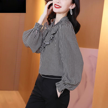 2021 New Spring Autumn Women Korean Style Plaid Lantern Sleeve Blouses Female Elegant Bow Tie Up Collar Button Tops Shirts M209 2024 - buy cheap