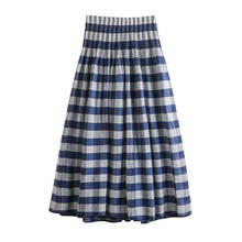 Spring Summer Women Plaid Skirt High Waist Elastic Waist Big Swing A-line Pleated Fashion Casual Mid-length Skirt 2022 2024 - compre barato