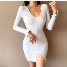 European and American Fashion Women's Grey Sexy Hip V Collar Long Sleeve Short Fork Dress 2024 - buy cheap