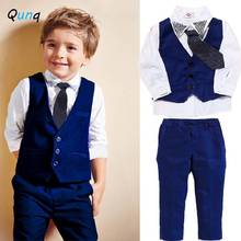 Qunq-trajes de caballero para niños, camisas con corbata, chaleco, pantalón, conjunto de ropa para niños, 2, 3, 4, 5, 6, 7 años, Primavera, 2021, 4 Uds. 2024 - compra barato