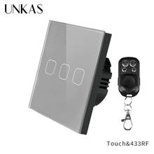 UNKAS 3 Gang 1 Way Crystal Glass Panel Wall Light EU Touch Gray Wireless AC 250V Remote Control Switch 2024 - buy cheap