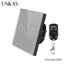 Unkas interruptor de parede de painel de vidro cristal, 3 gang, 1 direção, luz cinza de toque ue, sem fio, ac 250v, controle remoto