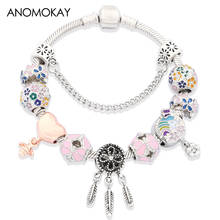 Anomokay New Arrival Colorful Bloom Flowers Women's Charm Bracelet Fashion Dream Catcher Heart Pendant Bead Bracelet DIY Jewelry 2024 - buy cheap