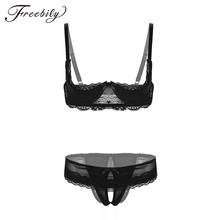 Open Crotch Women Lace Lingerie Set Adjustable Straps 1/4 Cup Unlined Bra with Low Rise Crotchless Briefs Adult Erotic Underwear 2024 - buy cheap