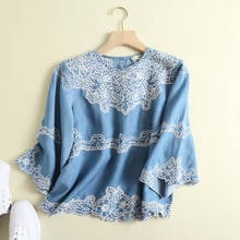 Blusa informal de manga larga con cuello redondo para verano, Camisa vaquera suave con bordado, color azul claro, para mujer 2024 - compra barato