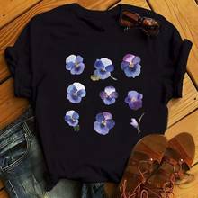 Women Blue Flower Fashion Short Sleeve Aesthetic Clothes Summer T-shirts Black Tops Tees Female Ladies Womens Tee T-Shirt 2024 - buy cheap