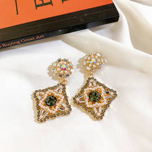 USTAR Bling Crystals Pearl Drop Earrings for Women Vintage Rhombus Geometric Dangle Earrings Female Party Fashion Jewelry Gifts 2024 - buy cheap