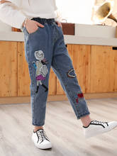 Cartoon Girl Embroidery Kids Girls Jeans 8 10 12 years Elastic Waist Casual Teenage Girls Long Pants 2024 - buy cheap