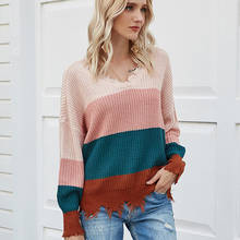 V-Neck Distressed Knitted Female Sweaters Women Stripe Pullover Long Sleeve Loose Jumper Loose Sweater Casual Winter For Women 2024 - buy cheap