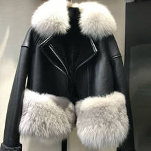 Jaqueta feminina couro legítimo pele de carneiro, casaco feminino corta-vento com gola pele de raposa 2024 - compre barato