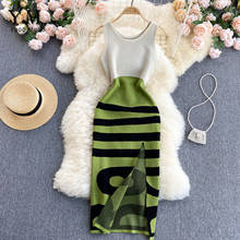 YuooMuoo Special Interest Design Knit Bodycon Dress Women Green Striped Summer High Slit Sexy Office Lady Tank Dress Party 2024 - buy cheap