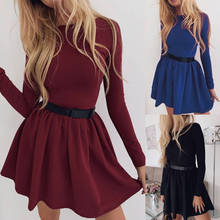 New Women Autumn Dress 2020 Ladies Fashion Solid Color O-Neck Long Sleeve Mini Dress Female Sexy Slim Fold Hot Sale Splice Dress 2024 - buy cheap