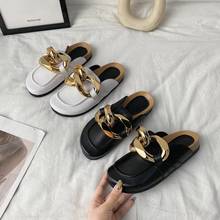 Slipper Closed Toe Slip New Brand Design Gold Chain WomenOn Mules Shoes Round Toe Low Heels Casual Slides Flip Flop 2024 - buy cheap