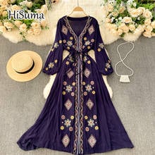 2021 spring summer new women's V-neck embroidery cotton and linen A-line dress female lace-up waist vacation Ethnic dresses 2024 - buy cheap