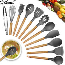 Juego de utensilios de cocina de silicona, utensilios de cocina ecológicos con mango de madera, espátula negra, cucharón giratorio, 5/9/11 Uds. 2024 - compra barato