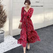 Vestido longo com decote em v estampado floral, elegante, primavera outono, para mulheres, cintura alta, manga comprida, vestido de chiffon 2024 - compre barato
