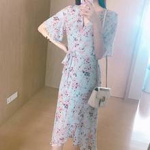 Summer new chiffon fresh printed wrap dress gentle temperament women's high- waist slim floral dress 2024 - buy cheap