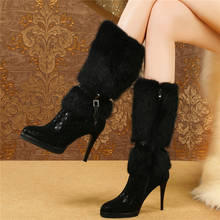 Women Genuine Leather Slim High Heel Mid Calf Boots High Top Rabbit Fur Platform Long Pumps Shoes Round Toe Winter Snow Boots 2024 - buy cheap