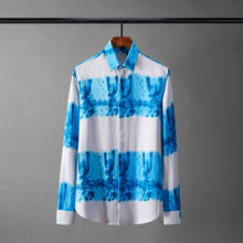 Minglu camisa masculina de manga comprida, camisa de luxo com estampa colorida, camisa social branca e azul casual, tamanho grande 4xg, slim fit, festa, camisa masculina 2024 - compre barato