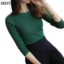 Весенний женский однотонный вязаный свитер 2020, Повседневный пуловер в полоску с длинным рукавом и круглым вырезом, корейский элегантный женский тонкий офисный Топ 2024 - купить недорого
